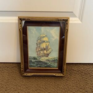 Vintage Sailing Ship Framed Art — Blue & Gold Tones